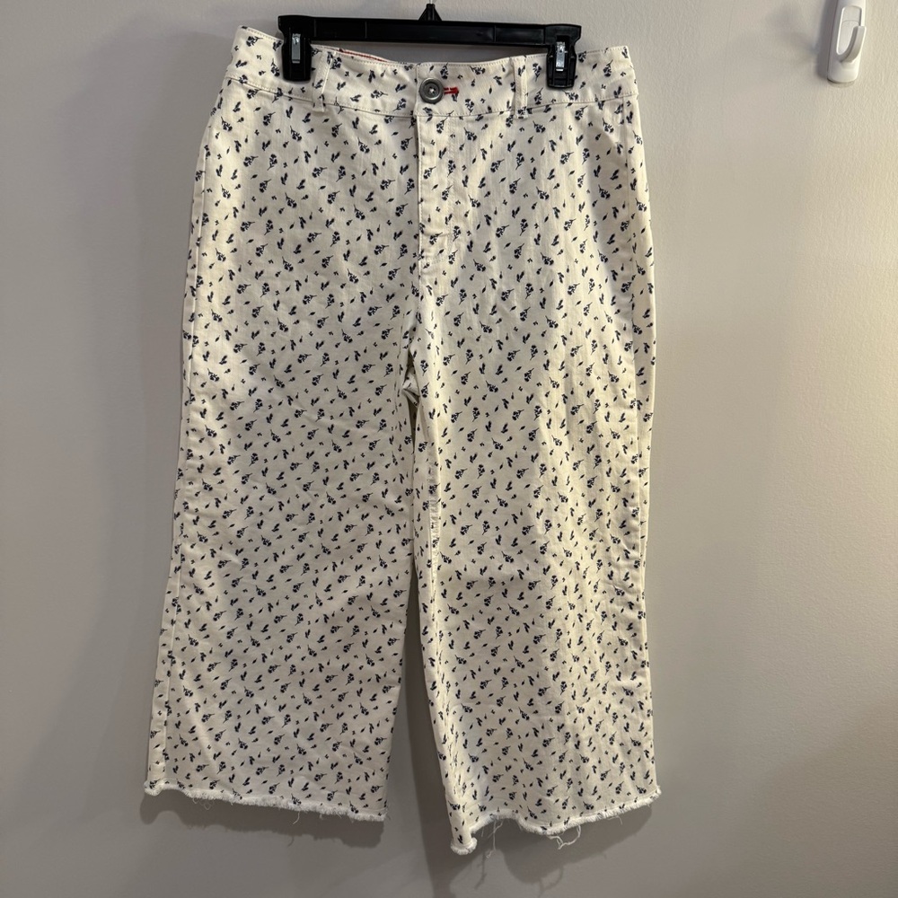 Peace Love World Ankle Raw Hem Jeans Denim White Floral‎ 12 Casual Wide